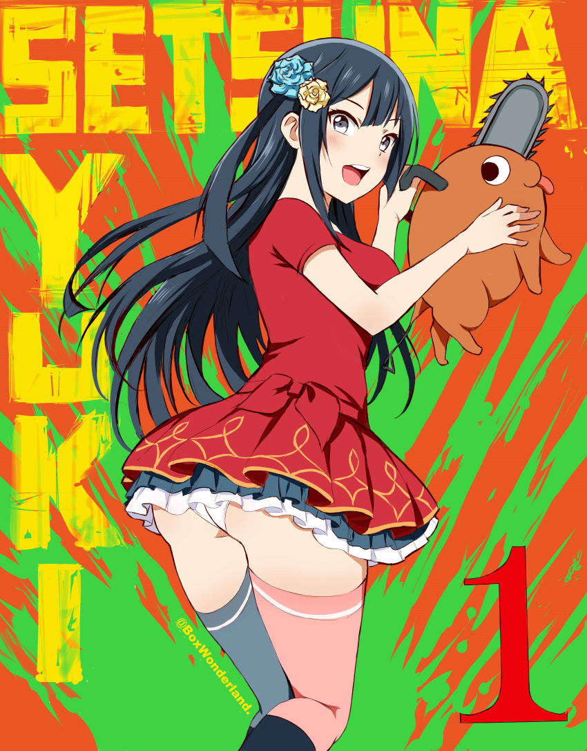 1girl, absurdres, afterschool_school_idol_(love_live!), angel_gabriel., asymmetrical_legwear, bangs, black_hair, blush