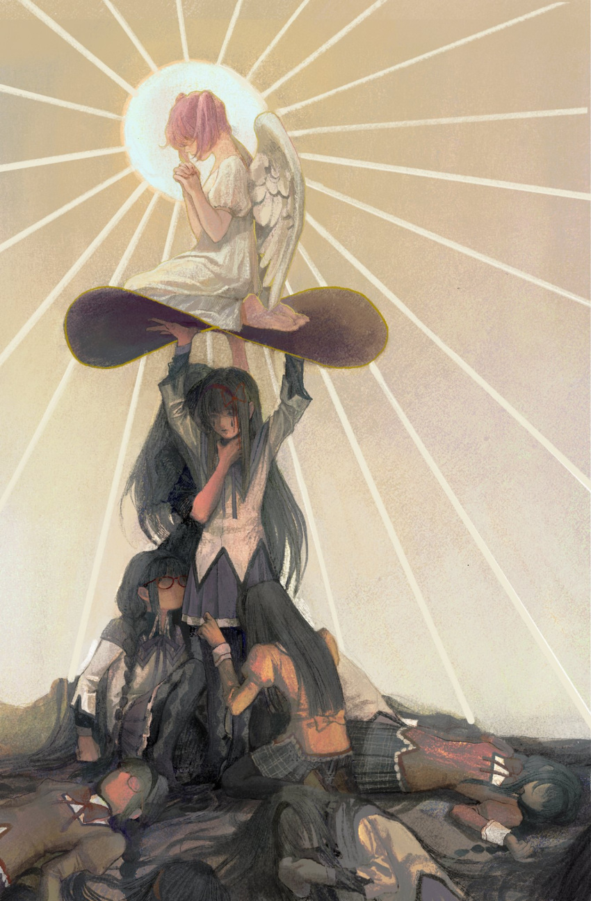 6+girls, akemi_homura, alternate_costume, angel_wings, arms_up, bangs, barefoot, black_eyes