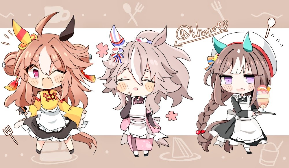 3girls, ;d, =_=, ahoge, alternate_costume, animal_ears, apron, azukimame