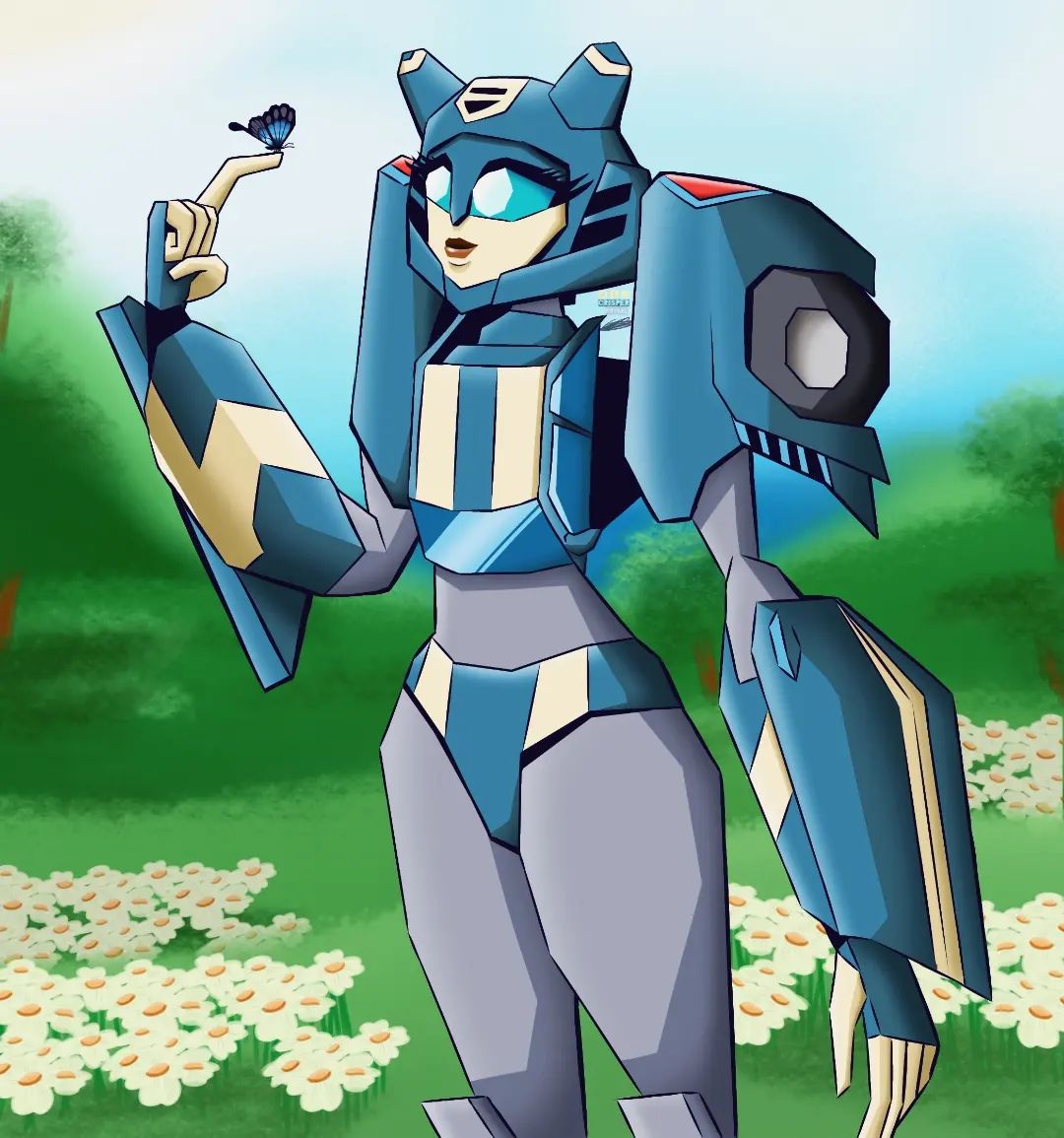 1girl, alien, big_eyes, blue_eyes, blue_panties, bug, butterfly, butterfly_on_hand, crisper_arts, glyph_(transformers), humanoid_robot, panties, robot, solo, thick_thighs, thighs, transformers, transformers_animated, underwear