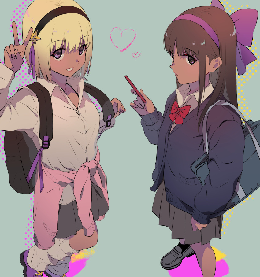 absurdres, asamiya_athena, bag, beniazumaru, black_hair, black_skirt, blazer, blonde_hair, clothes_around_waist, dark-skinned_female, dark_skin, gyaru, highres, jacket, kneehighs, kogal, long_hair, long_sleeves, loose_socks, multiple_girls, nakoruru, pleated_skirt, samurai_spirits, school_bag, school_uniform, serafuku, shirt, short_hair, skirt, socks, tan, the_king_of_fighters, the_king_of_fighters_xv, white_shirt