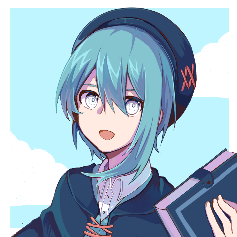 1boy, blue_hair, colored_skin, haikumo, non-web_source, original, short_hair, smile, white_eyes, white_skin