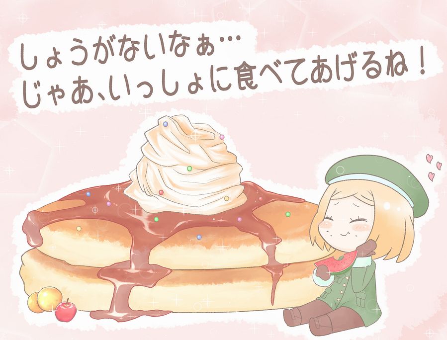 1boy, apple, blonde_hair, brown_gloves, chibi, eating, fate/grand_order, fate_(series), food, fruit, full_body, gloves, hat, heart, luci_ole, male_focus, orange_(fruit), oversized_food, pancake, pancake_stack, paul_bunyan_(fate), sitting, solo, sparkle, translation_request, watermelon, watermelon_slice