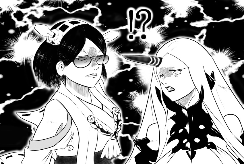 !?, 2girls, absurdres, abyssal_ship, breasts, clenched_teeth, glasses, headgear