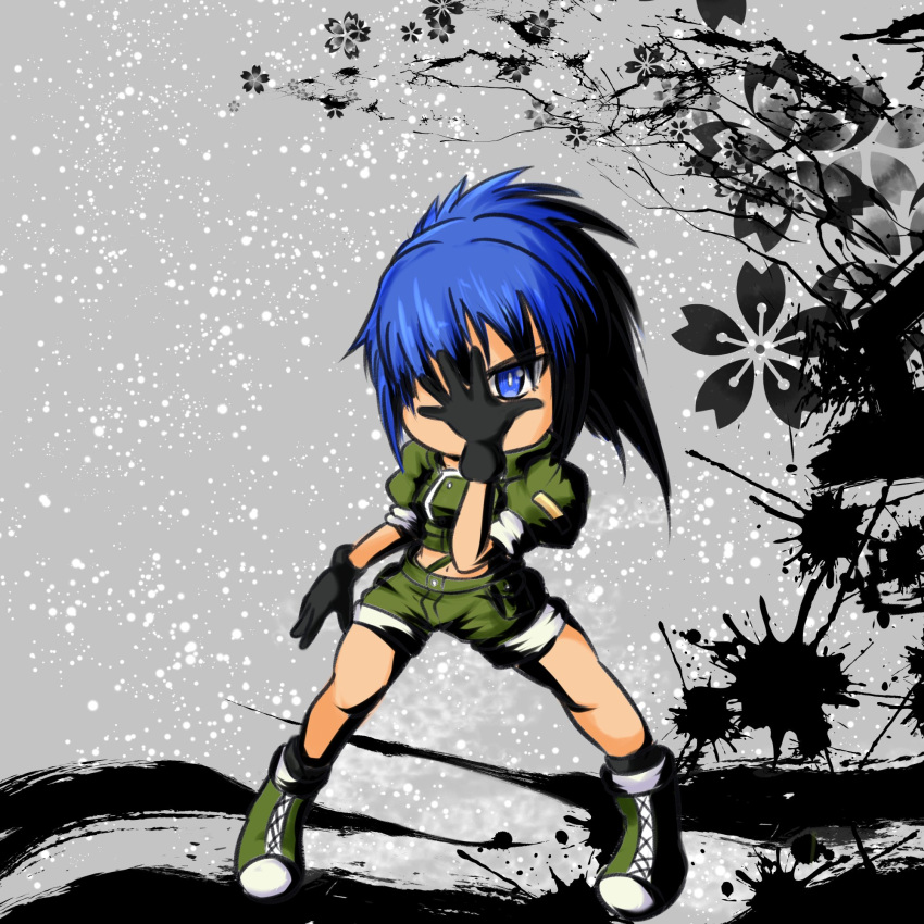 1girl, black_gloves, blue_eyes, blue_hair, cropped_jacket, full_body, gloves, green_footwear