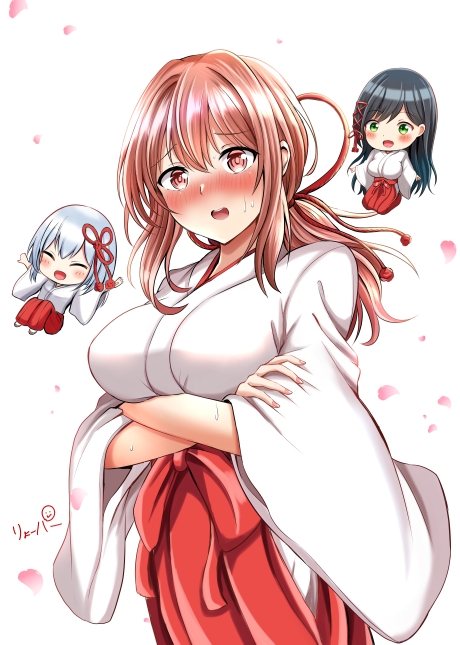 3girls, amagami-san_chi_no_enmusubi, amagami_asahi, black_hair, blue_hair, blush, breasts, brown_eyes