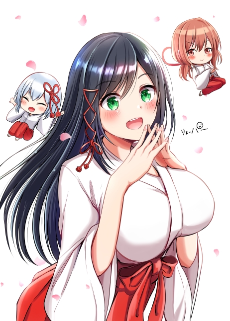 3girls, amagami-san_chi_no_enmusubi, amagami_asahi, black_hair, blue_hair, blush, breasts, brown_eyes