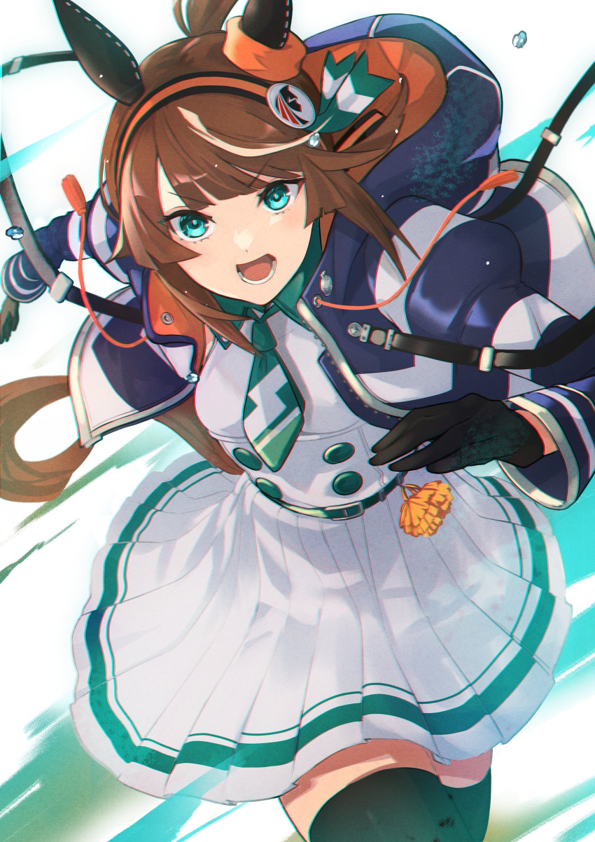 1girl, :o, absurdres, black_gloves, black_thighhighs, blue_jacket, brown_hair, ear_covers, gloves, green_eyes, green_necktie, hairband, highres, jacket, kodai2015, looking_at_viewer, meikei_yell_(racehorse), multicolored_hair, necktie, orange_hairband, original, personification, pleated_skirt, running, skirt, solo, streaked_hair, thigh-highs, umamusume, white_skirt