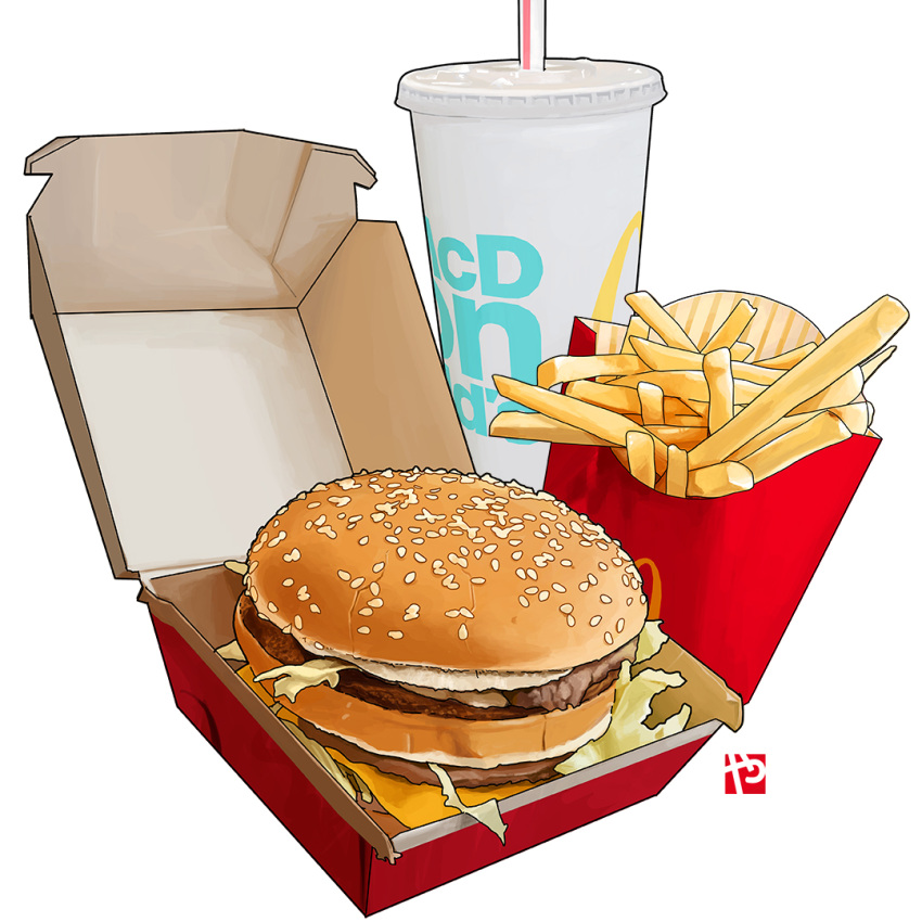 big_mac, burger, cheese, cup, disposable_cup, drinking_straw, food, food_focus, french_fries, lettuce, mcdonald's, no_humans, sesame_seeds, still_life, studiolg, watermark, white_background