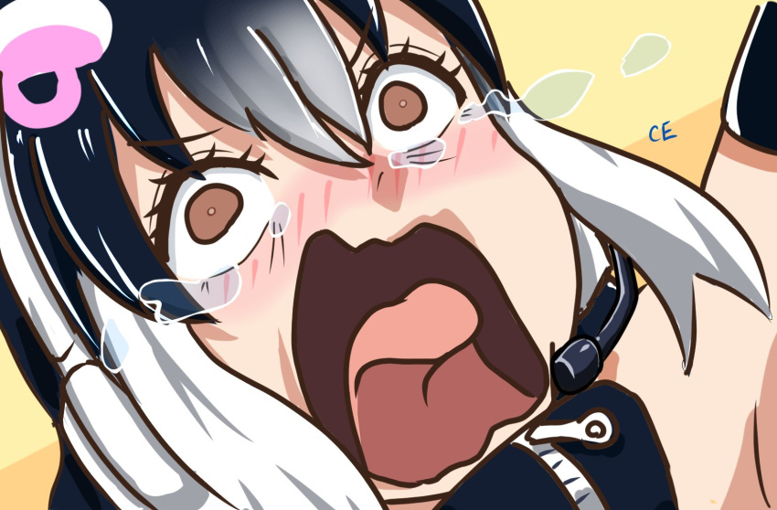 1girl, african_penguin, animal_costume, bare_shoulders, black_hair, brown_eyes, ce_bluelizard, elbow_gloves
