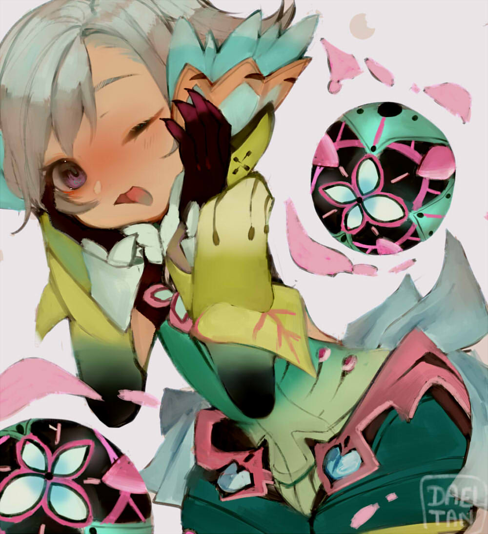 1boy, :d, ahoge, artist_name, bangs, black_gloves, dadeltan, floren_(xenoblade)