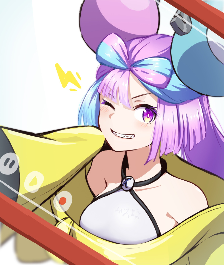 1girl, bangs, blue_hair, blurry, blush, bright_pupils, character_hair_ornament, commentary_request