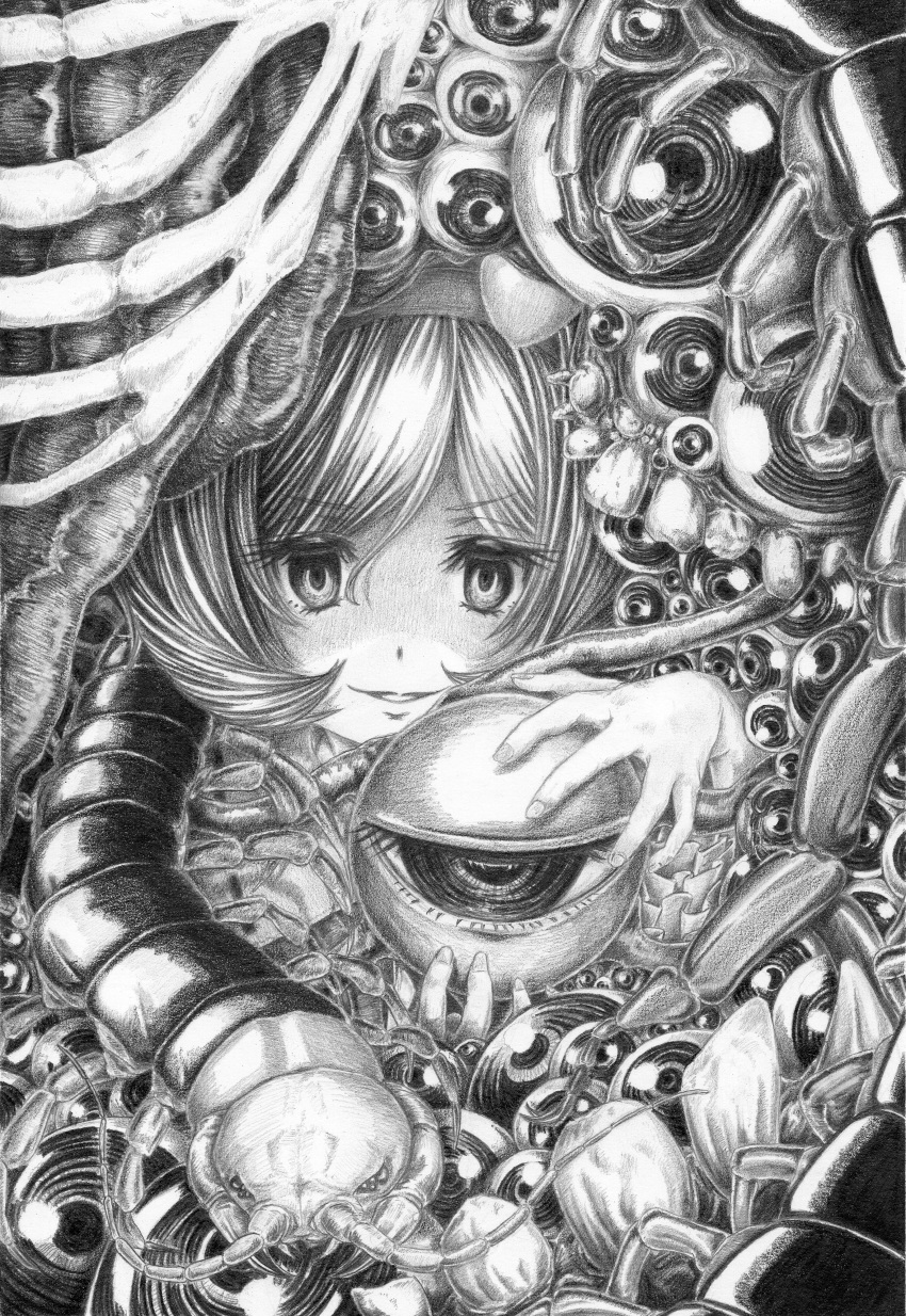 1girl, absurdres, bug, centipede, commentary_request, fingernails, graphite_(medium), greyscale, grin, hairband, heart, highres, holding_eye, horror_(theme), komeiji_satori, looking_at_viewer, medium_hair, monochrome, ribs, sek-it, smile, solo, third_eye, too_many_eyes, touhou, traditional_media