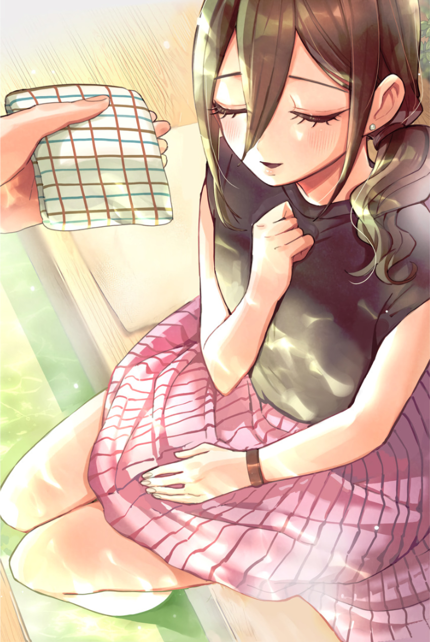 1girl, 1other, bare_legs, black_hair, black_shirt, closed_eyes, earrings, eyelashes