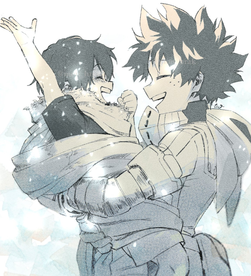2boys, aged_down, arm_up, blurry, bodysuit, boku_no_hero_academia, cape, carrying