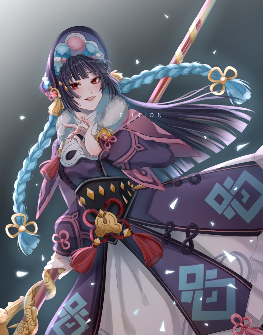 1girl, artist_name, bangs, black_hair, blue_hair, blunt_bangs, bonnet, braid