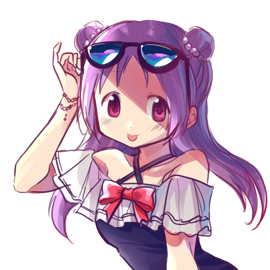 1girl, :p, bangs, eyewear_on_head, frills, hair_bun, haru_283, magia_record:_mahou_shoujo_madoka_magica_gaiden