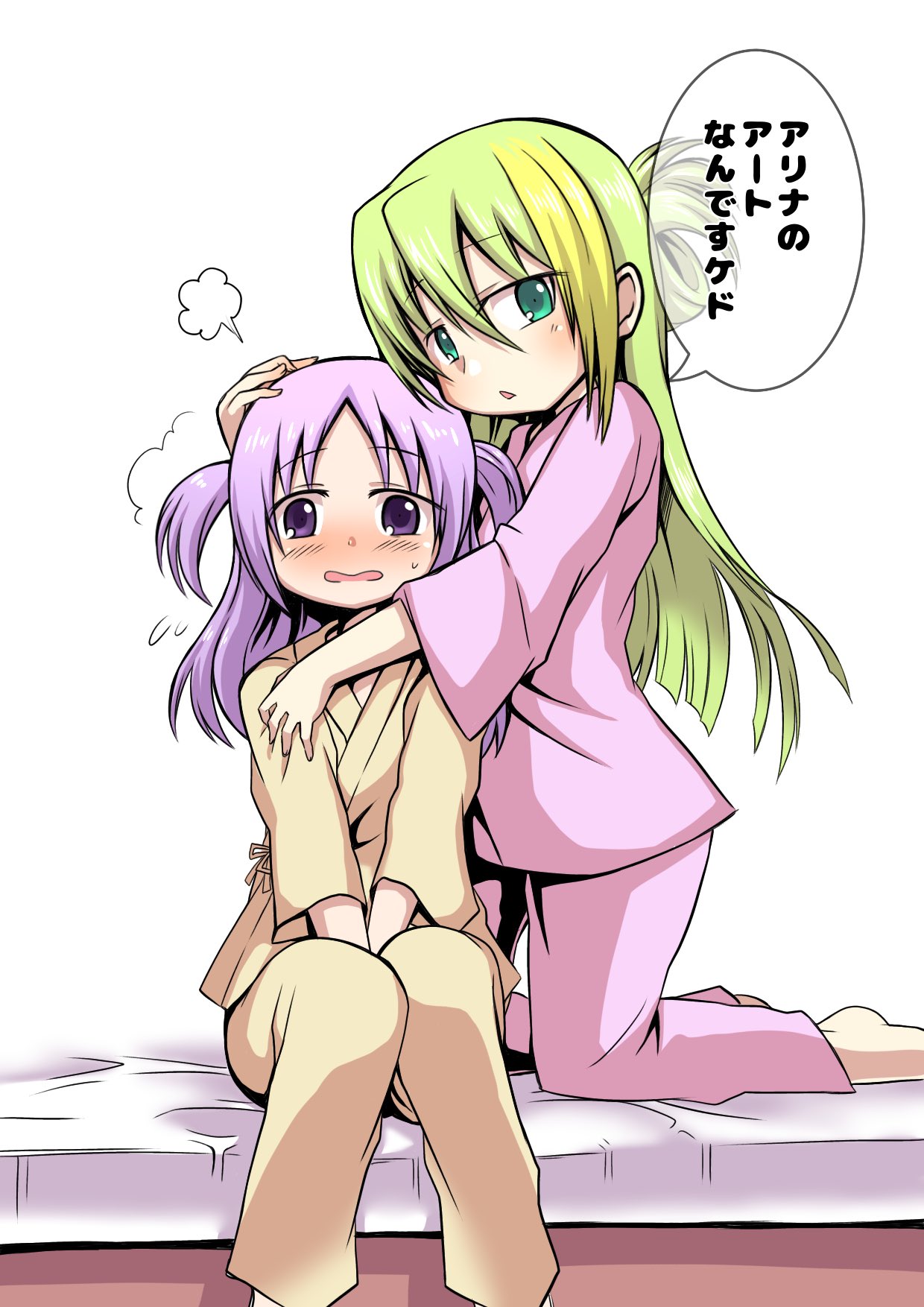 2girls, alina_gray, aqua_eyes, bangs, bed, blunt_ends, blush, delraich66