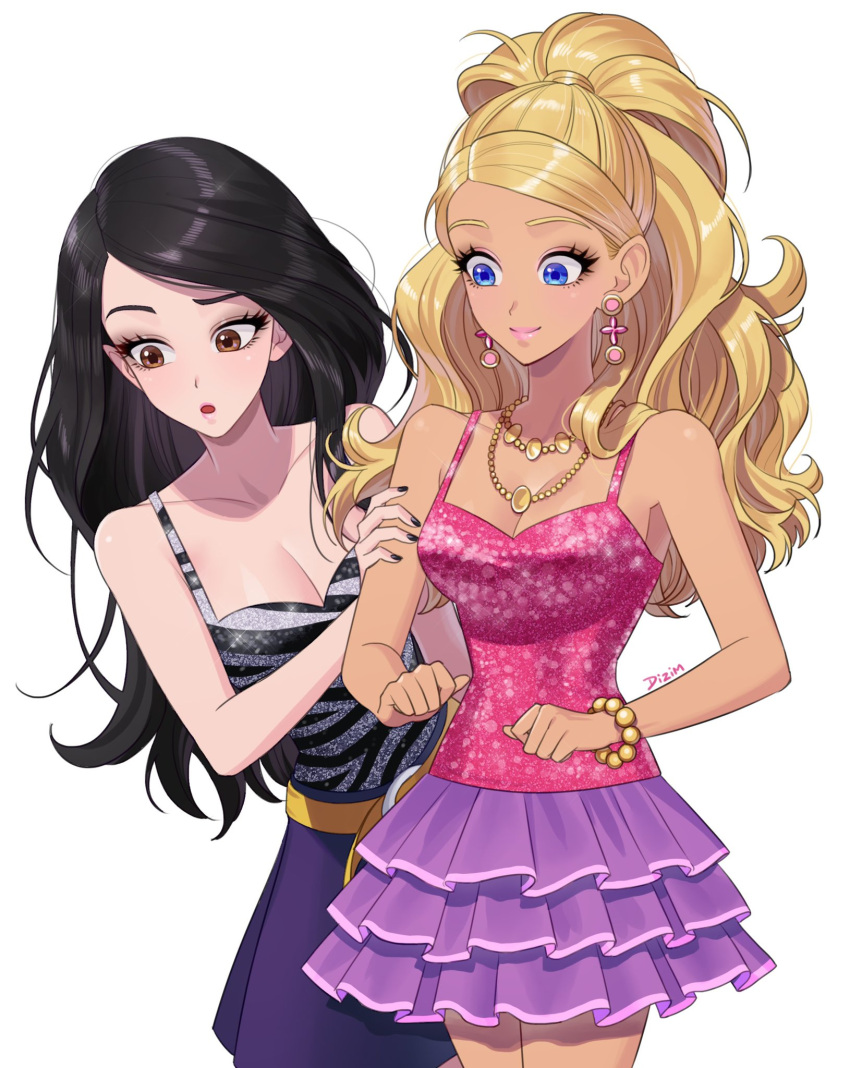 2girls, animal_print, barbie_(character), barbie_(franchise), behind_another, belt, black_hair, black_nails, blonde_hair, bracelet, brown_eyes, earrings, eyelashes, eyeshadow, frilled_skirt, frills, googoogaga733, hand_on_another's_arm, hiding, hiding_behind_another, highres, jewelry, makeup, multiple_girls, necklace, pale_skin, ponytail, purple_skirt, raquelle_(barbie), scared, skirt, sparkle, tan, tank_top, yuri, zebra_print