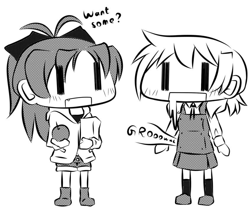 2girls, aoki_ume_(style), apple, bow, chibi, crossover, drooling, english_text