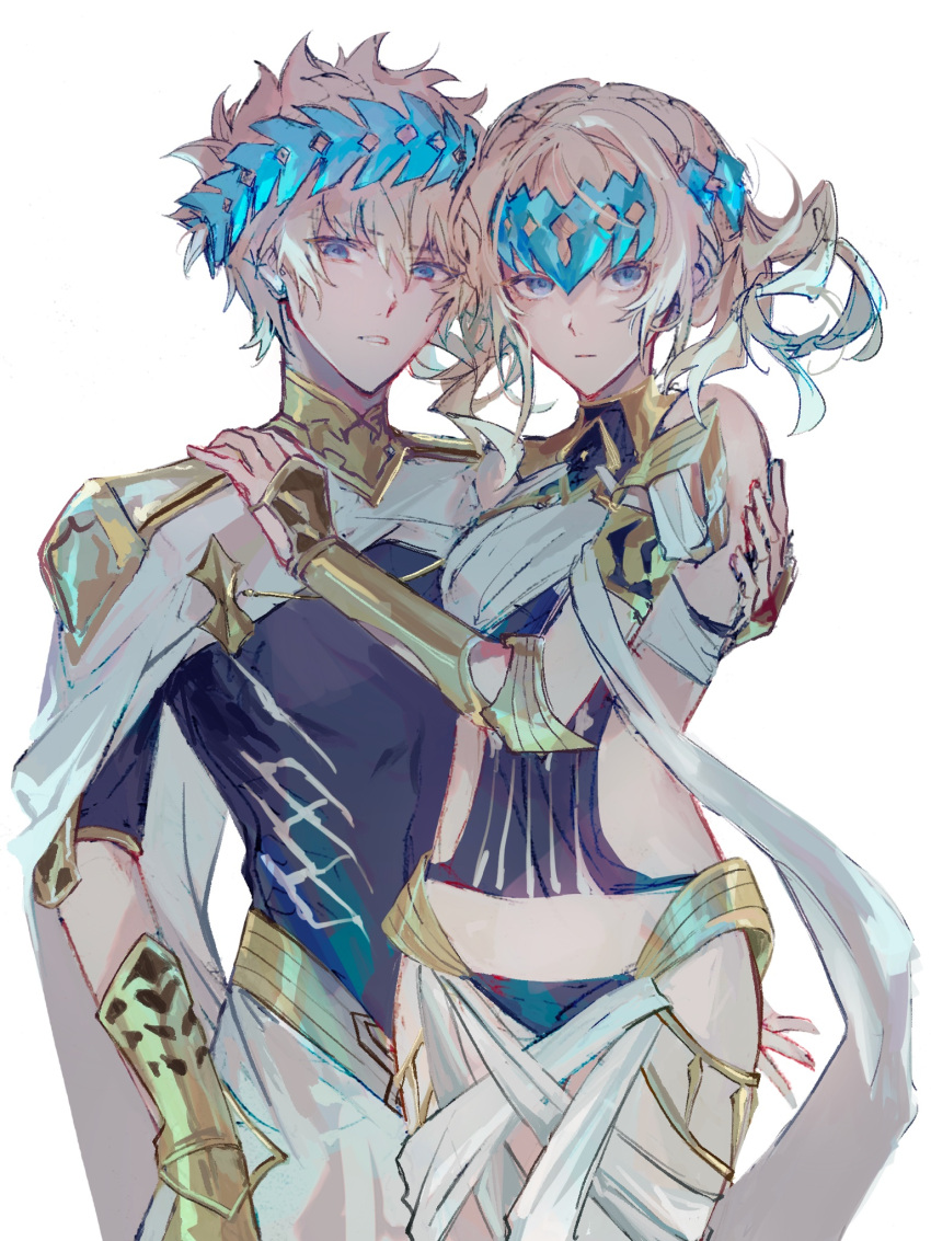 1boy, 1girl, armlet, armor, bangs, bare_shoulders, black_panties, blonde_hair