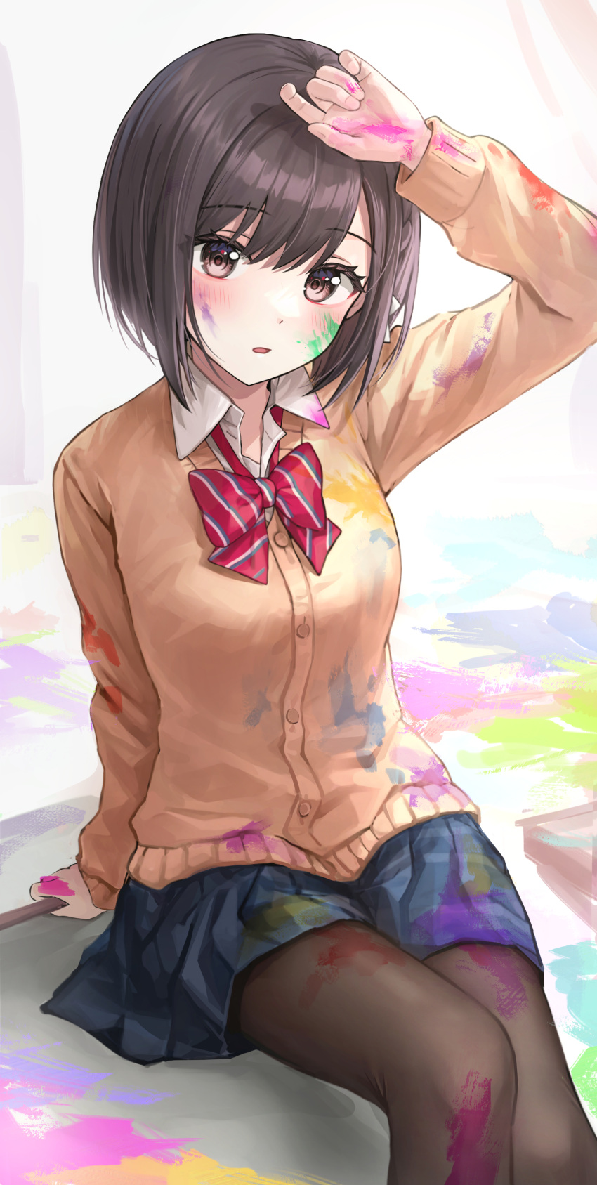 1girl, absurdres, blush, borrowed_character, brown_eyes, brown_hair, facepaint, hair_ornament
