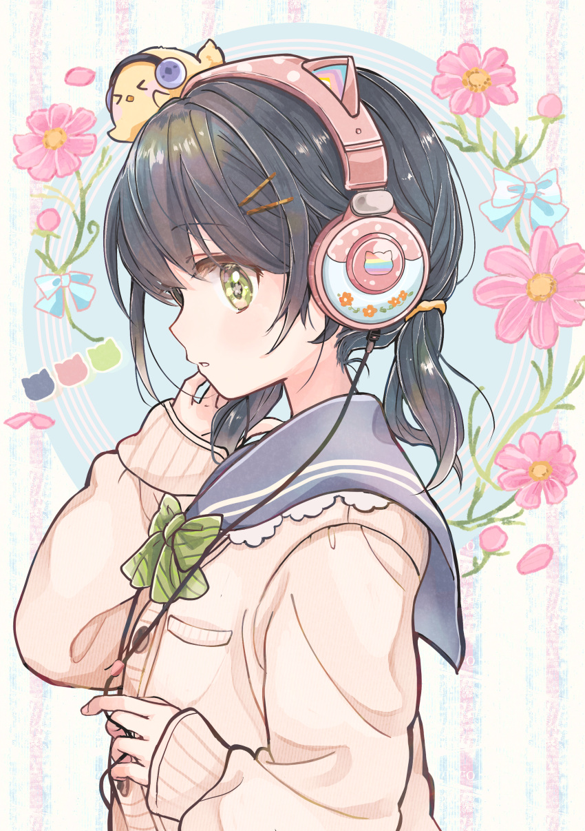 1girl, absurdres, animal, animal_on_head, bangs, bird, black_hair, blush