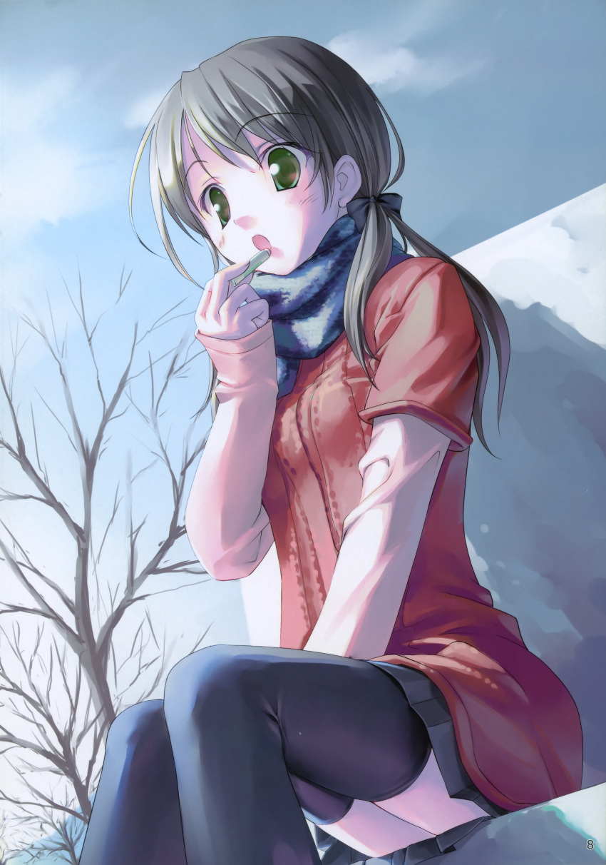 1girl, :o, absurdres, black_legwear, black_thighhighs, eyebrows_visible_through_hair, green_eyes, hand_between_legs, highres, holding, kogemashita, lip_balm, open_mouth, original, scan, scarf, silver_hair, sitting, skirt, small_breasts, solo, takoyaki, takoyaki_(roast), thigh-highs, thighhighs, tree, winter