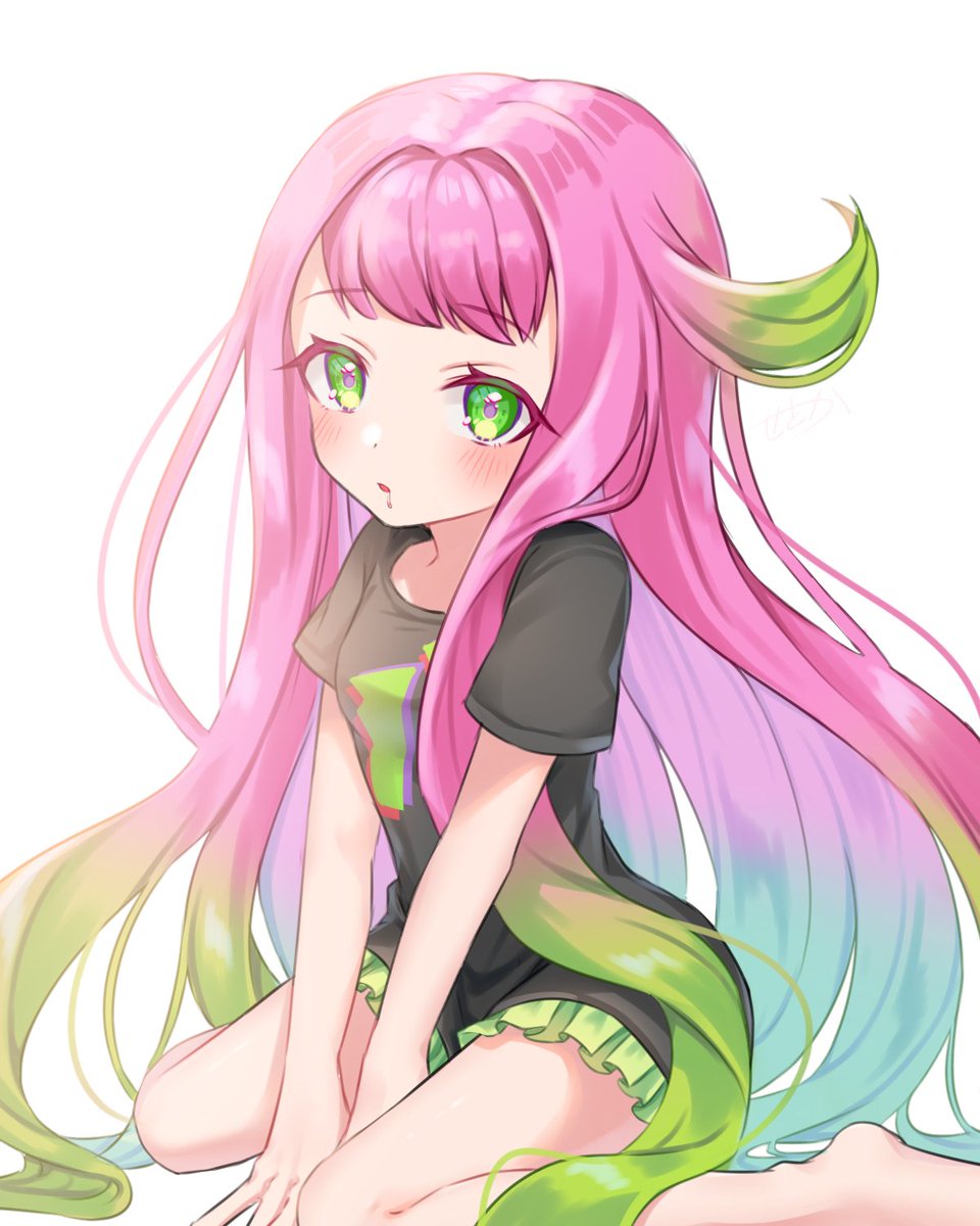 1girl, amakusa_setoka, bangs, between_legs, black_shirt, blush, breasts, drooling, frills, gradient_hair, green_eyes, hand_between_legs, harmony_(splatoon), highres, humanization, long_hair, looking_at_viewer, multicolored_eyes, multicolored_hair, no_shoes, open_mouth, pink_hair, purple_pupils, sea_anemone, shirt, sitting, small_breasts, solo, splatoon_(series), splatoon_3, v_arms, wariza