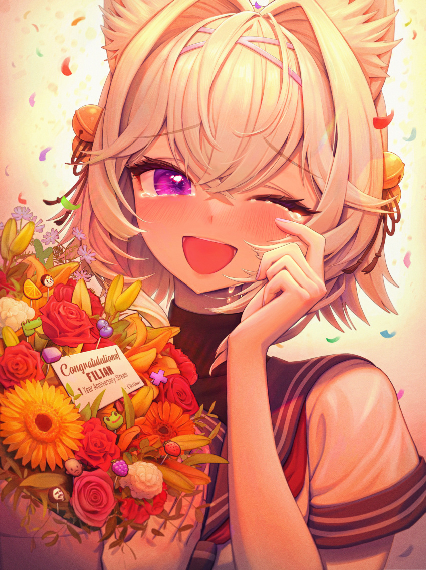1girl, :d, animal_ear_fluff, animal_ears, anniversary, artist_name, bangs, bell, blue_sailor_collar, blush, bouquet, cat_ears, cat_girl, character_name, clickdraws, commentary, confetti, congratulations, crossed_bangs, crying, curled_fingers, english_commentary, eyelashes, filian_(vtuber), film_grain, flower, hair_bell, hair_between_eyes, hair_intakes, hair_ornament, hairband, half-closed_eyes, hand_on_own_face, hand_up, happy_tears, high_collar, highres, holding, holding_bouquet, indie_virtual_youtuber, jingle_bell, looking_at_viewer, neckerchief, nose_blush, one_eye_closed, red_flower, red_neckerchief, sailor_collar, school_uniform, serafuku, short_hair, short_sleeves, smile, solo, tears, tongue, upper_body, violet_eyes, virtual_youtuber, white_hair, white_serafuku, wiping_tears, yellow_background, yellow_flower