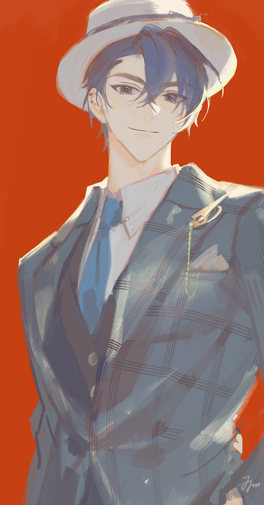 1boy, bangs, blue_jacket, blue_necktie, closed_mouth, collared_shirt, earrings, highres