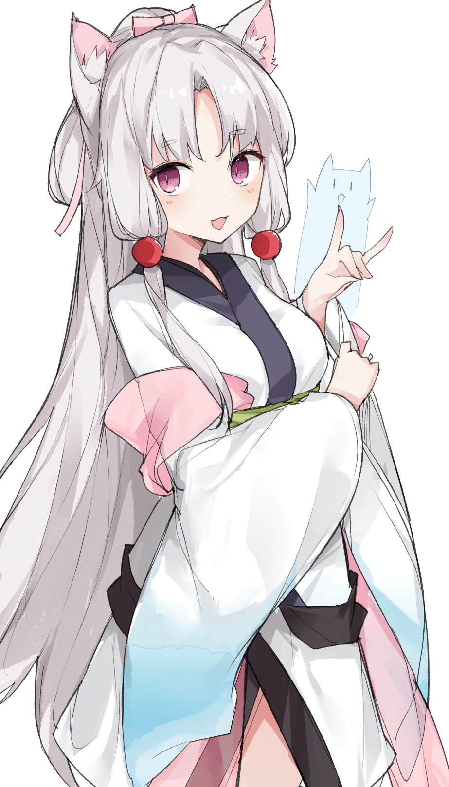 1girl, animal_ear_fluff, animal_ears, bangs, beads, breasts, hair_beads, hair_ornament, highres, japanese_clothes, kimono, long_hair, long_sleeves, nhk_(voiceroid), open_mouth, red_eyes, shawl, sidelocks, simple_background, subaritsuku, touhoku_itako, voiceroid, white_hair