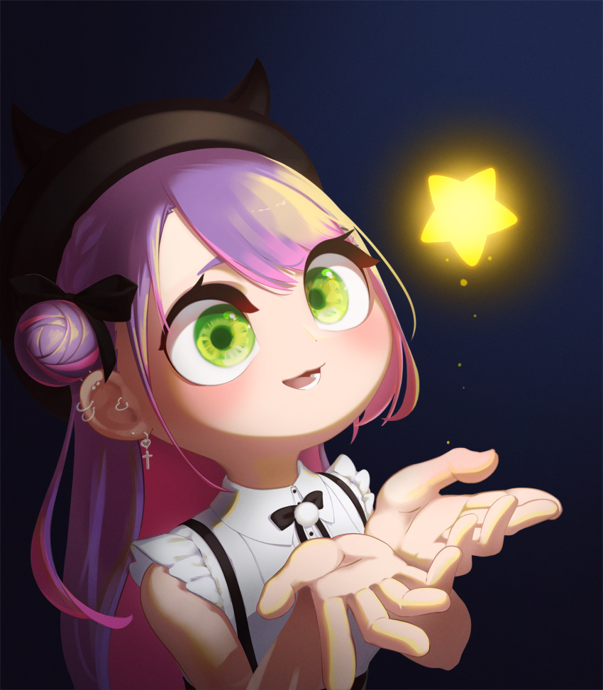 1girl, appleblossomtea, black_headwear, colored_inner_hair, ear_piercing, earrings, eyebrows_hidden_by_hair, glowing