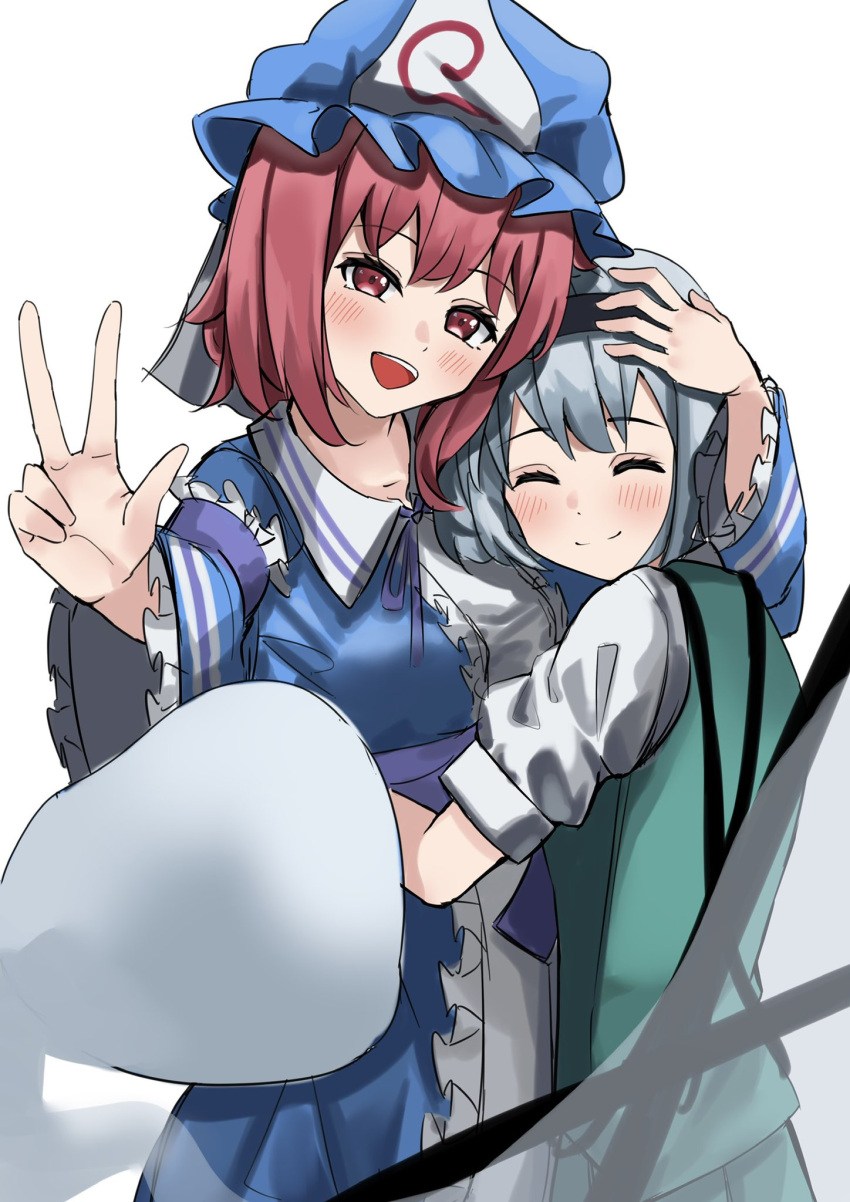 2girls, :d, black_hairband, blue_headwear, blue_kimono, closed_eyes, closed_mouth, grey_hair, hairband, hat, highres, hug, japanese_clothes, kimono, konpaku_youmu, konpaku_youmu_(ghost), long_sleeves, looking_at_viewer, mob_cap, multiple_girls, open_mouth, pink_hair, ramiki, saigyouji_yuyuko, short_hair, short_sleeves, simple_background, smile, touhou, triangular_headpiece, upper_body, w, white_background, wide_sleeves