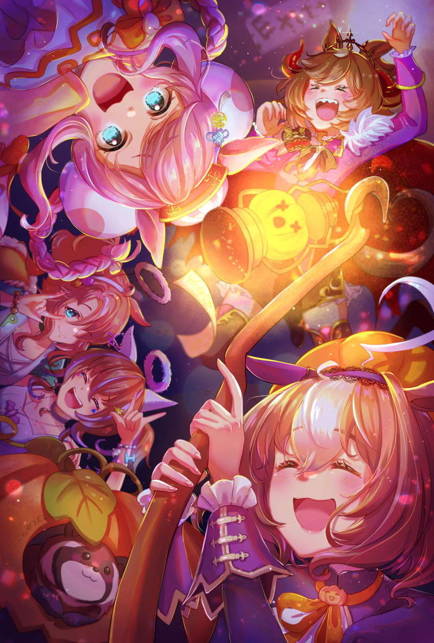 >_<, 5girls, :d, \m/, agnes_digital_(lovely_jiangshi)_(umamusume), agnes_digital_(umamusume), arm_up, bangs