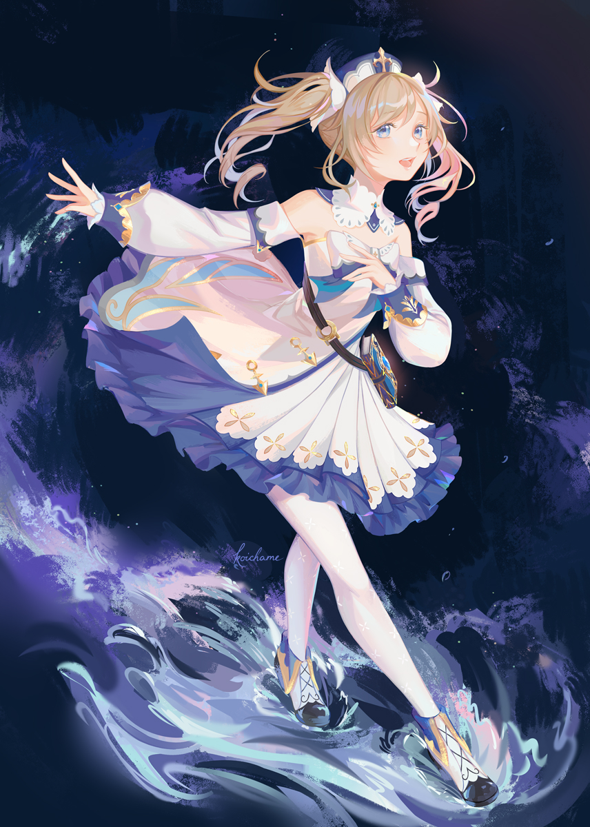 1girl, bangs, barbara_(genshin_impact), bare_shoulders, blonde_hair, blue_dress, blue_eyes, blue_headwear, book, book_holster, boots, commentary, detached_collar, dress, full_body, genshin_impact, highres, koichame, long_sleeves, looking_at_viewer, medium_hair, off-shoulder_dress, off_shoulder, open_mouth, pantyhose, signature, solo, twintails, two-tone_dress, water, white_dress, white_footwear, white_pantyhose