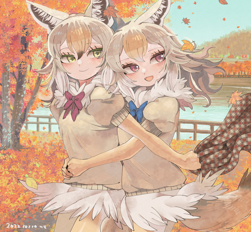 2girls, absurdres, african_golden_wolf_(kemono_friends), animal_ears, autumn, autumn_leaves, blue_bow, blue_bowtie
