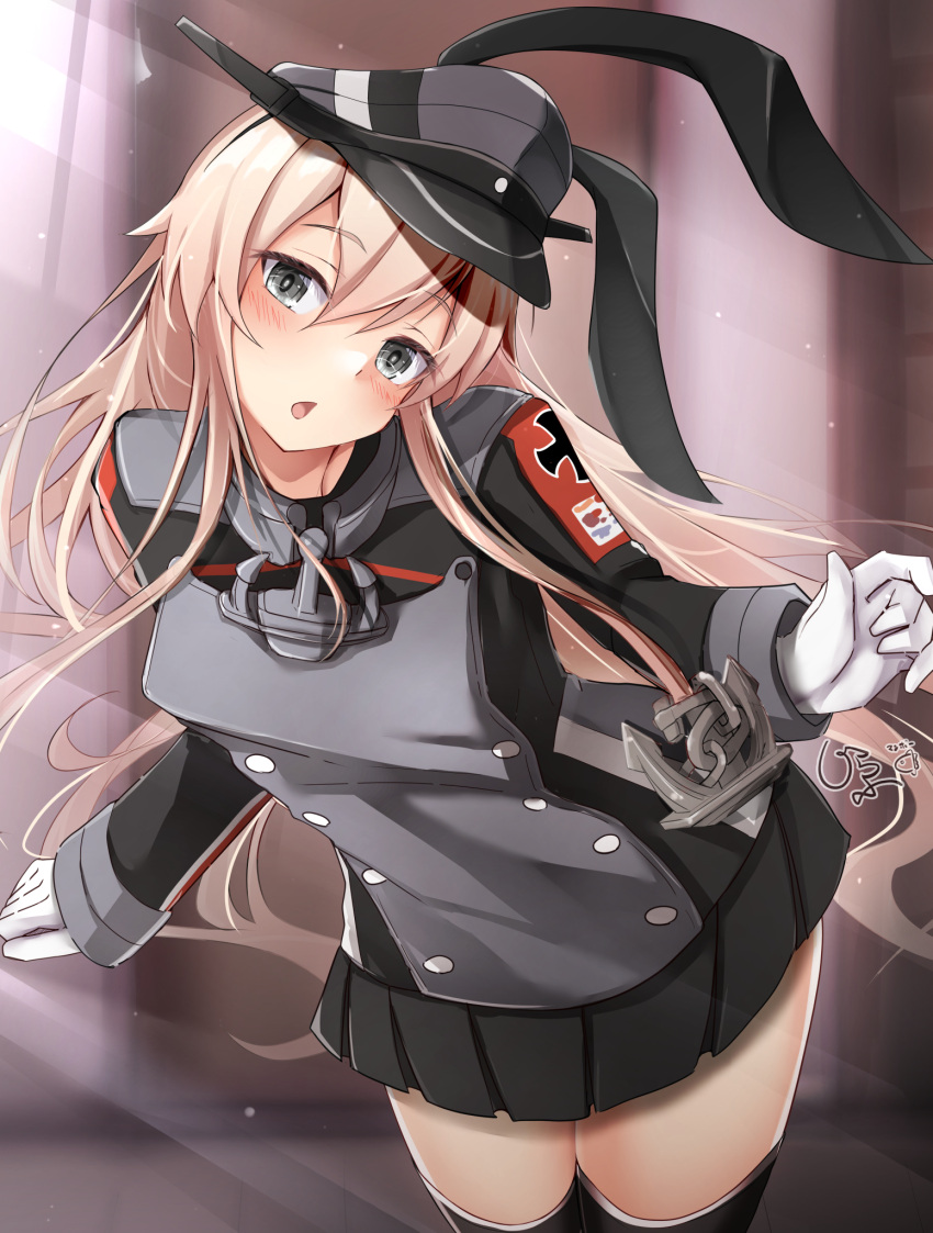 1girl, anchor_hair_ornament, artist_logo, black_skirt, blonde_hair, buttons, chestnut_mouth, cosplay, cross, double-breasted, giraffe_(ilconte), gloves, grey_eyes, hair_ornament, hat, highres, iron_cross, kantai_collection, long_hair, looking_at_viewer, microskirt, military, military_hat, military_uniform, peaked_cap, pleated_skirt, prinz_eugen_(kancolle), prinz_eugen_(kancolle)_(cosplay), shimakaze_(kancolle), skirt, solo, uniform, white_gloves