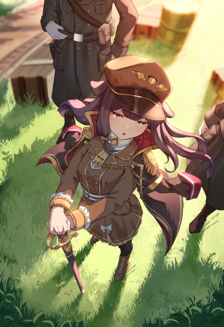 1girl, 2boys, :o, absurdres, animal_ears, boots, brown_eyes, brown_footwear