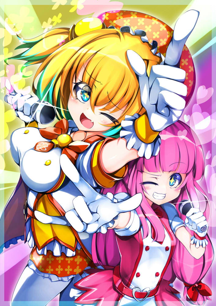 2girls, ;d, bangs, blonde_hair, blue_eyes, blue_hair, blunt_bangs, bombergirl
