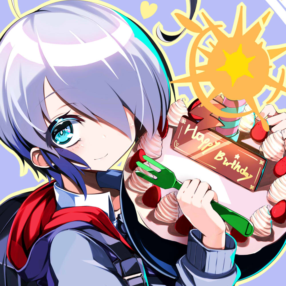 1girl, ahoge, birthday_cake, bombergirl, bright_pupils, cake, closed_mouth, eyes_visible_through_hair, food, fork, fruit, gray_(bombergirl), grey_hair, hair_over_one_eye, happy_birthday, heart, holding, holding_fork, hood, hood_down, huge_ahoge, long_sleeves, omochishiki, outline, short_hair, smile, solo, strawberry, white_pupils, yellow_outline