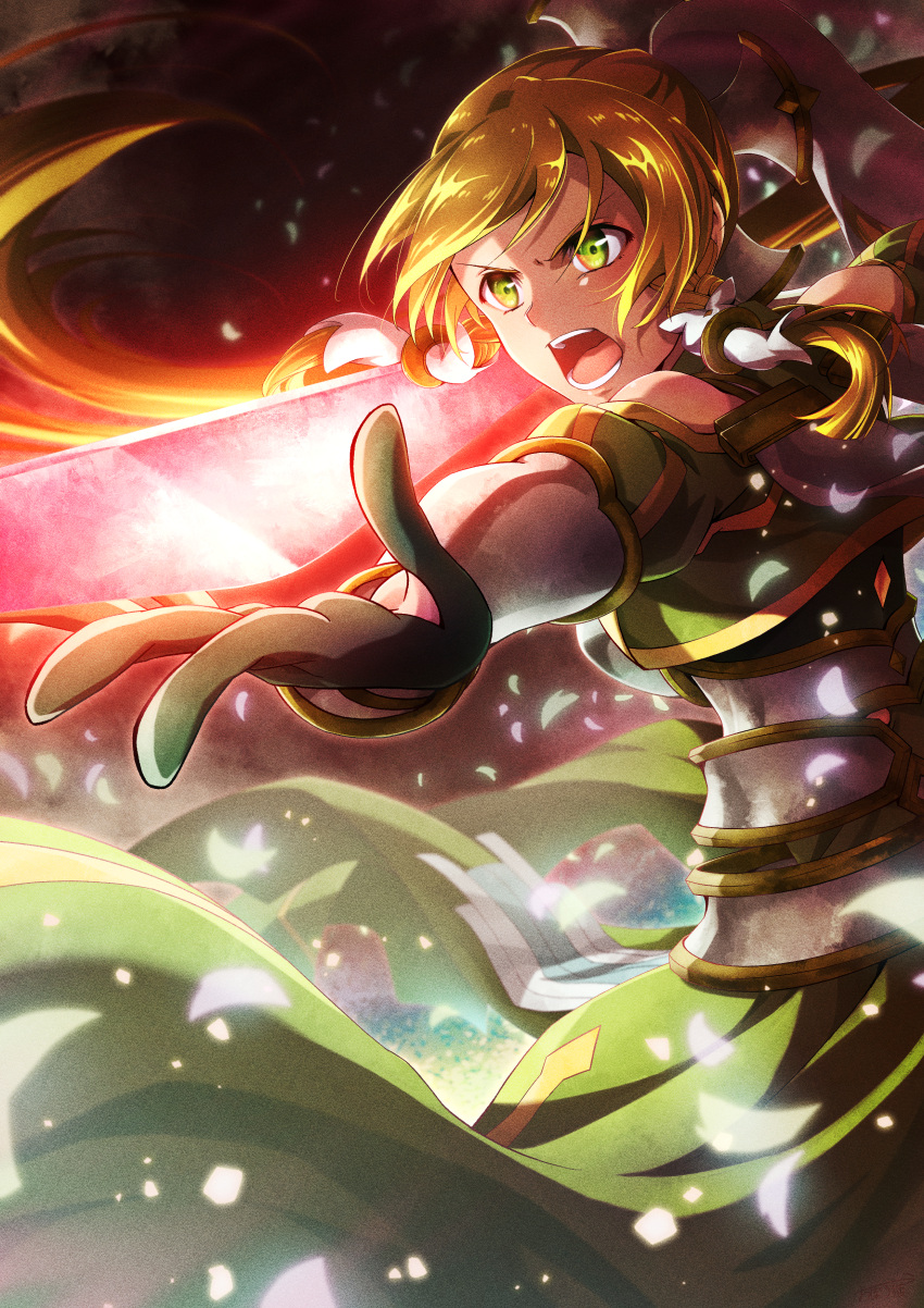 1girl, absurdres, black_gloves, blonde_hair, dress, floating_hair, gloves, green_dress