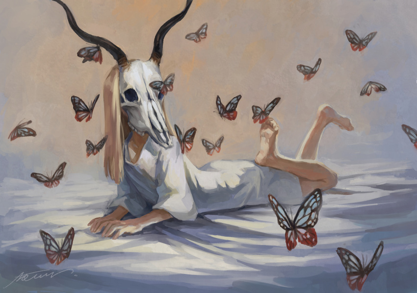 1girl, animal, animal_skull, arm_support, barefoot, bed_sheet, black_butterfly, blonde_hair