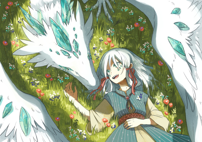 1girl, aqua_eyes, aqua_flower, belt, blue_flower, brown_belt, commentary_request, crystal