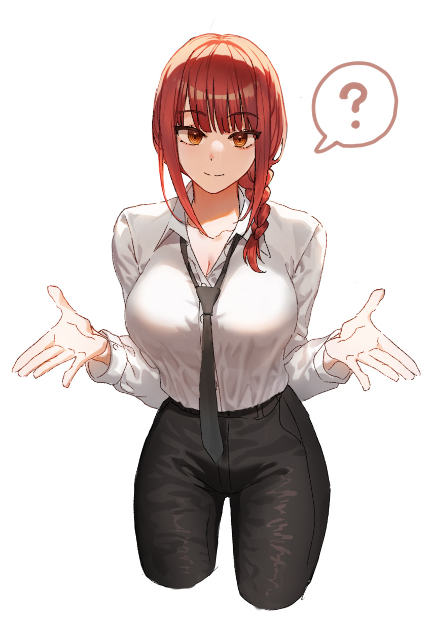 1girl, ?, absurdres, bangs, black_necktie, black_pants, braid, braided_ponytail