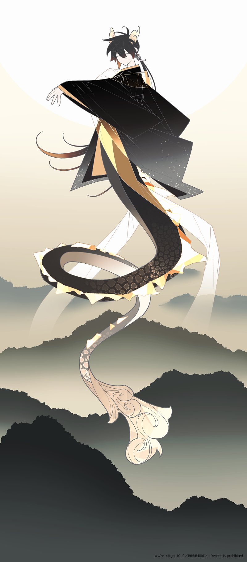 1boy, black_kimono, brown_hair, chinese_clothes, closed_eyes, commentary_request, dragon, dragon_boy, dragon_horns, dragon_tail, eastern_dragon, faux_traditional_media, flying, gagyogava, genshin_impact, highres, horns, japanese_clothes, kimono, lamia, long_hair, long_sleeves, low_ponytail, male_focus, monster_boy, monster_girl, no_mouth, rex_lapis_(genshin_impact), solo, tail, very_long_hair, wide_sleeves, zhongli_(genshin_impact)