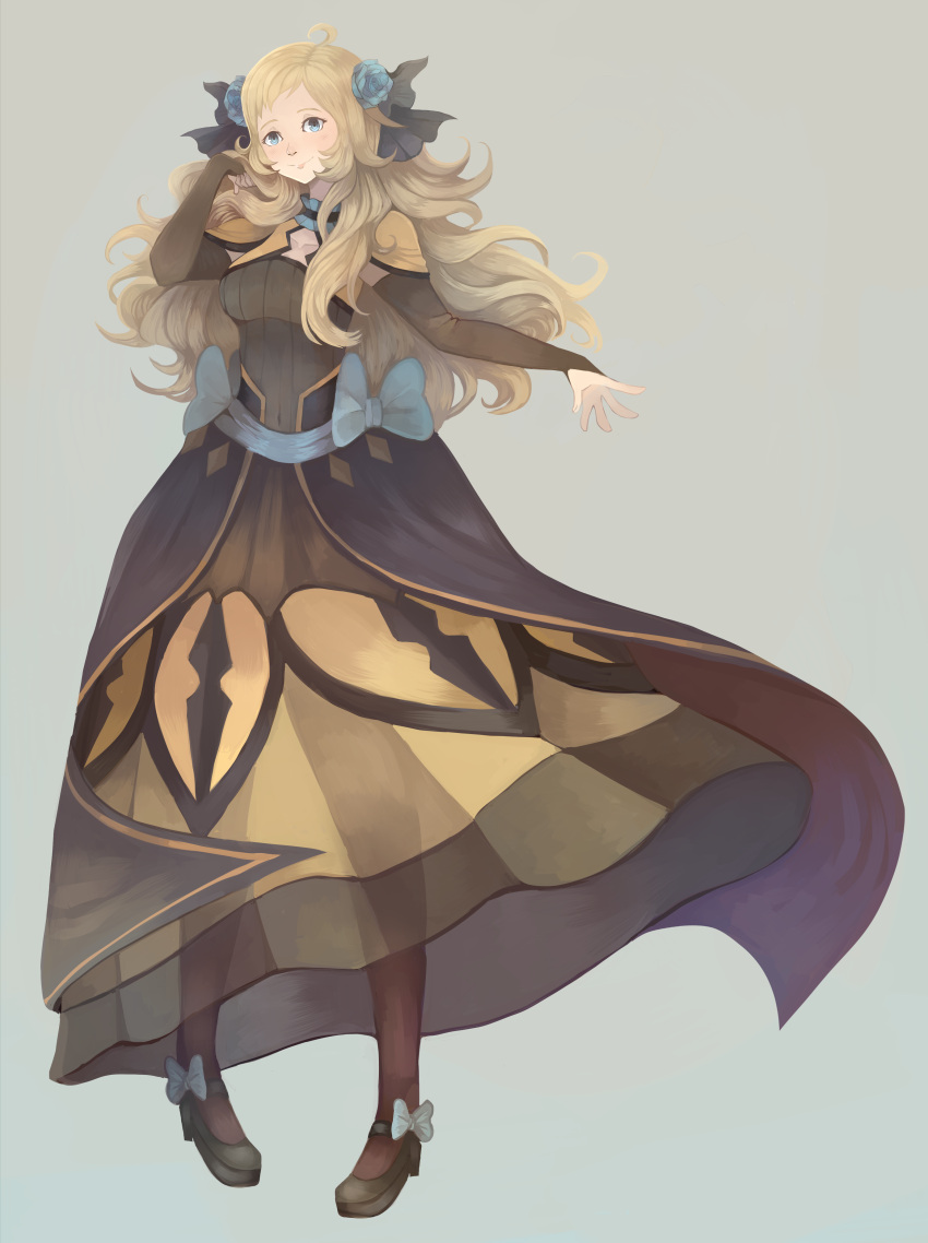 1girl, absurdres, ahoge, alternate_costume, bangs, blonde_hair, blue_eyes, blush, bow, bride, closed_mouth, dress, fire_emblem, fire_emblem_fates, hair_ornament, highres, long_hair, looking_at_viewer, lunie, ophelia_(fire_emblem), smile, solo, wedding_dress