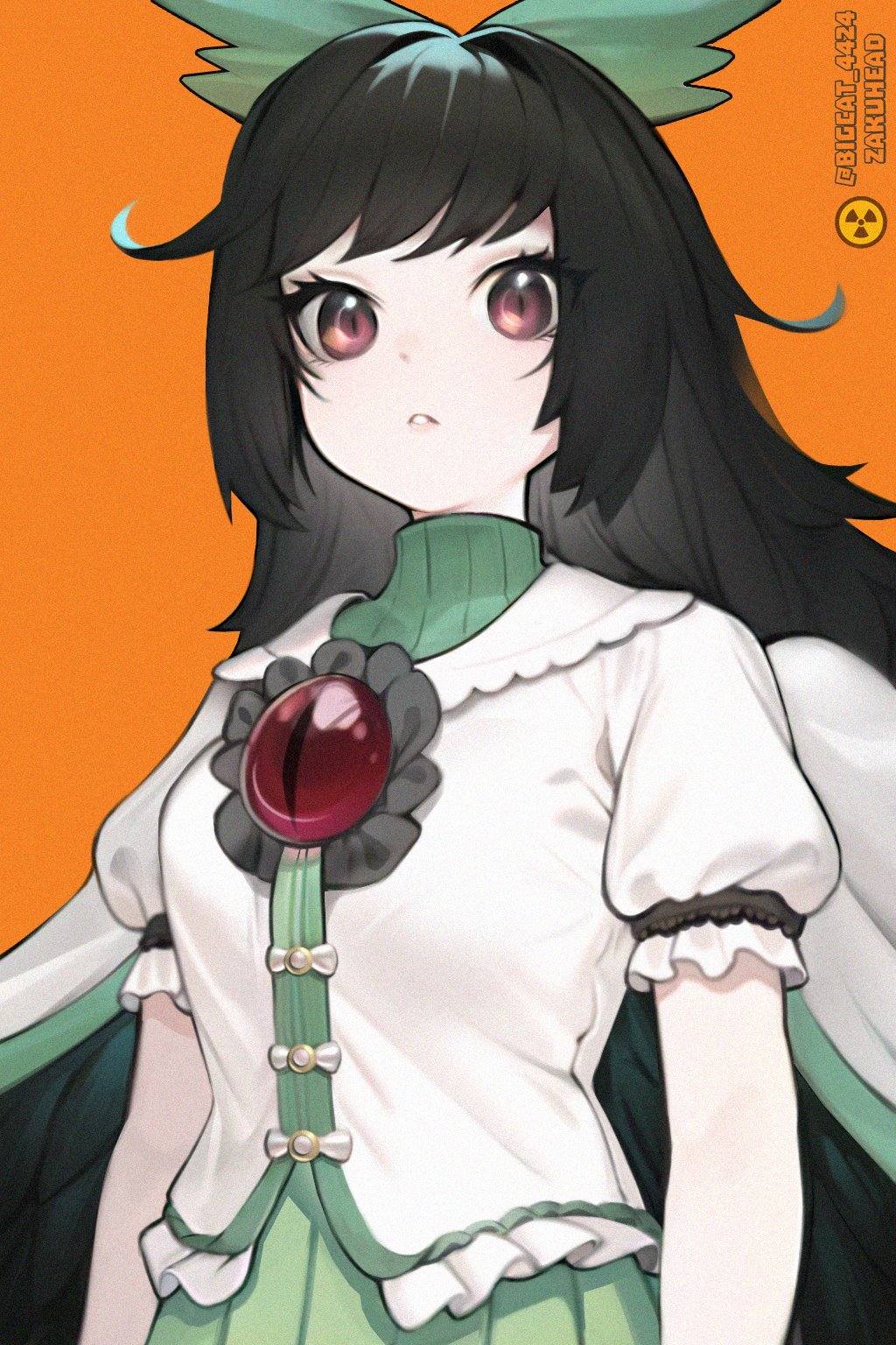 1girl, bangs, bigcat_114514, bird_wings, black_hair, black_wings, bow, cape