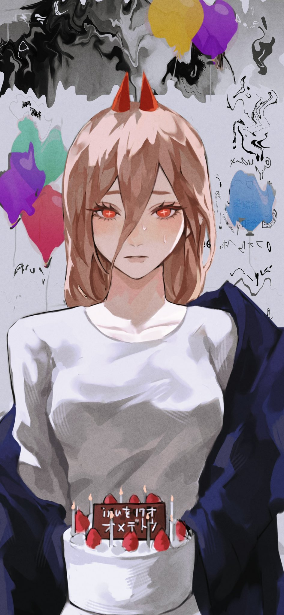 +_+, 1girl, balloon, blush, breasts, cake, chainsaw_man, eyelashes