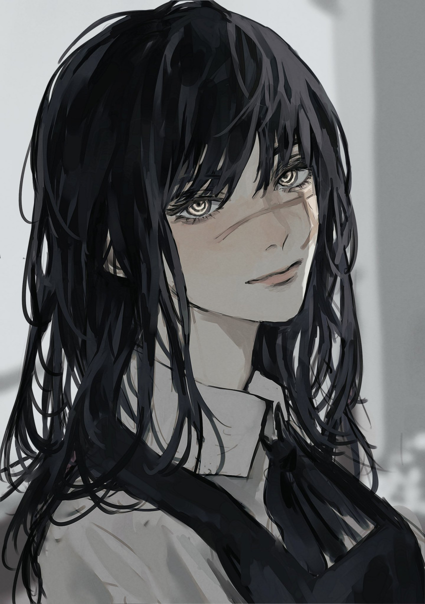 1girl, @_@, bangs, black_hair, chainsaw_man, highres, inuo_(inuo_x), long_hair, looking_at_viewer, scar, scar_on_face, school_uniform, smile, solo, yellow_eyes, yoru_(chainsaw_man)